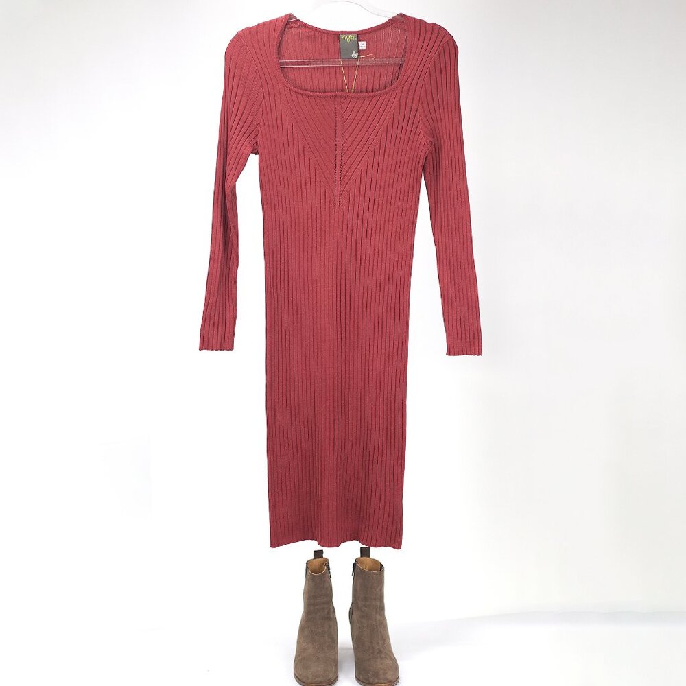 TAYLOR | SQUARE NECK SWEATER MIDI DRESS LONG SLEEVE | REDDISH-BROWN COLOR SIZE M